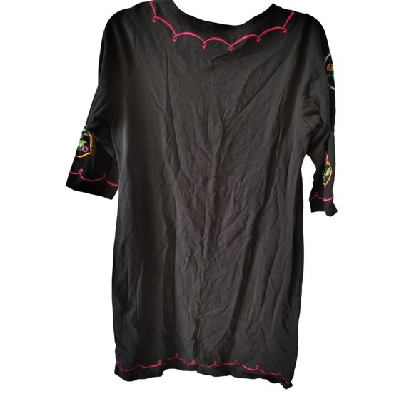 Michael Simon Black Dress Large, Embroidered Flower, Cotton 3/4 Sleeve Pink Trim - Picture 4 of 4